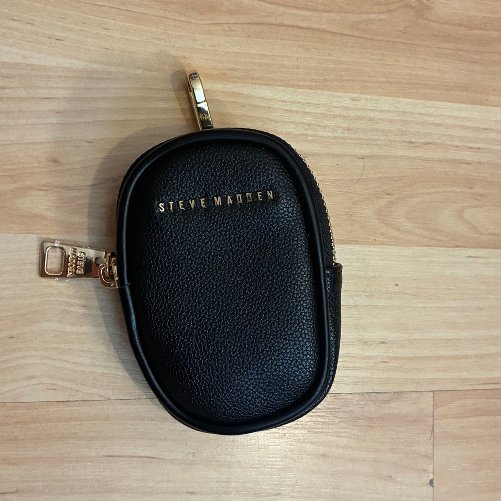Steve Madden Black Mini Coin Purse / Wristlet Pouch with Gold Hardware